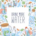 Drink more water card with aqua splashes, bottles, glasses frame. Square background with summer detox beverages with