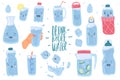 Drink more water. Cute drinking eco bottles characters, funny glasses with cartoon kawaii faces, healthy lifestyle