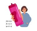 Drink more water hand written lettering. Woman holding red Plastic sports bottle for active training. Refresh drink