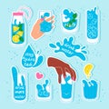 Drink more water stickers set vector illustration