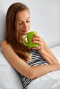 Drink Morning Tea. Woman Drinking Beverage In Bed. Healthy Lifes Royalty Free Stock Photo