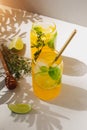 Drink with orange lemon and lime in glass transparent glasses on a concrete background. Lemonade with ice Royalty Free Stock Photo