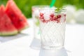 drink with pomegranate berries, green currant leaves and ice cubes, on a white wooden background, watermelon slices in Royalty Free Stock Photo