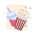 Drink and popcorn.Vector color illustration in cartoon style. Fast food combo Royalty Free Stock Photo