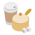 Drink preparation icon isometric vector. Stewpan with lid and disposable cup
