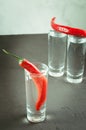 Drink set with shots of vodka and red pepper/Drink set with shots of vodka and red pepper on a white marble background Royalty Free Stock Photo