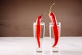 Drink set with two shots of vodka and red pepper/ Drink set with two shots of vodka and red pepper. Selective focus Royalty Free Stock Photo