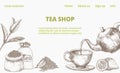 Drink tea shop collection sketch online landing page, template internet website herbal ceremony flat vector illustration