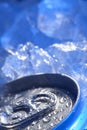 Drink tin can iced submerged in frost ice, metal aluminum beverage