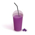 Drink in transparent plastic cup with lid and straw. Smoothie with bilberry. Beverage, realistic vector illustration on Royalty Free Stock Photo