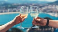 Drink two glasses white wine in friends hands outdoor sea nature holidays, closeup romantic couple toast with alcohol, happy