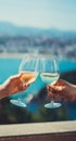 Drink two glasses white wine in friends hands outdoor sea nature holidays, romantic couple toast with alcohol, people cheering Royalty Free Stock Photo