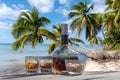 Drink for two on a tropical beach - two glasses of frozen liquor and a bottle