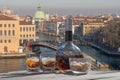 Drink for two in Venice - two glasses of lying liqueur and a bottle