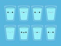 Drink Water. Eight Glass Cup Of Water Icon Set. Steal Aqua Drop. Cute Cartoon Kawaii Funny Baby Character. Different Face Emotion