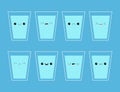 Drink Water. Eight Glass Cup Of Water Icon. Steal Aqua Drop. Cute Cartoon Kawaii Funny Baby Character. Different Face Emotion.
