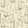 Drink wine seamless doodle pattern. Wine card bar background