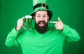Drinking beer celebration. Fest and holiday menu. Dyed green traditional beer. Patricks day party. Alcohol beverage