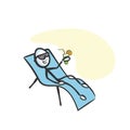 Drinking coctail on sunbed. Resort holiday chill on beach. Tanning on sunny summer day. Hand drawn. Stickman cartoon. Doodle Royalty Free Stock Photo