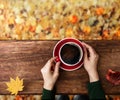 Drinking Coffee in Fall and Autumn Season. Person with Hot Coffee Cup, Sitting at Backyard or Park in Autumn. Colorful Foliages Royalty Free Stock Photo