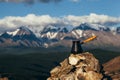 Drinking coffee with stunning mountain view. Beautiful Himalayas landscape with coffee cups and cezve. Drinking coffee Royalty Free Stock Photo