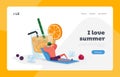 Drinking Cold Drink at Summer Time Landing Page Template. Tiny Male Character in Relax at Huge Glass with Orange Juice Royalty Free Stock Photo