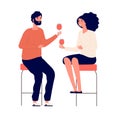 Drinking couple. Man and woman drink wine and make toast in pub. Romantic date vector cartoon concept