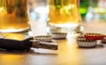 Drinking and driving. Car key on a wooden bar counter Royalty Free Stock Photo