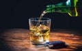 Drinking and driving concept. Car key and alcohol glass on wooden background. 3d illustration Royalty Free Stock Photo