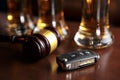 Drinking and driving concept. Car key on a wooden table, pub Royalty Free Stock Photo