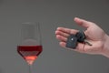 Drinking and driving concept shot. Male hand holding car keys next to tall wine glass, studio shot Royalty Free Stock Photo