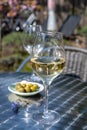 Drinking of dry white wine on open terrace in spring garden