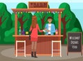 Woman in bar in city park. Barman making drink, lady orders cocktail in outdoor restaurant