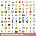 100 drinking firm icons set, flat style