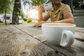 Drinking Fresh Morning Espresso Made Coffee on a Campground Royalty Free Stock Photo