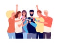 Drinking friends. Group of funny guys clink glasses with alcohol drinks and make toast. Christmas celebration vector