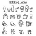 Drinking, glass in the hand icon set in thin line style