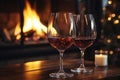 Drinking a glass of red wine in front of fireplace. Relaxing by the fire in cozy living room on winter day. Celebrating Christmas Royalty Free Stock Photo