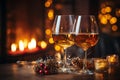 Drinking a glass of red wine in front of fireplace. Relaxing by the fire in cozy living room on winter day. Celebrating Christmas Royalty Free Stock Photo