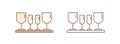 Drinking glasses linear vector icon. Fragile wineglasses, glassware set outline illustration. Stemware on wooden plate
