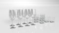 Drinking glasses, water and wine glasses on white background