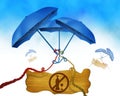 Drinking not allowed symbol on wooden board and three blue umbrella in background binded using colorful ropes