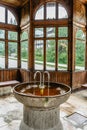 Drinking Pavilion with therapeutic mineral water from healing spring in Karlova Studanka,Czech Republic.Healthy pure water in Royalty Free Stock Photo