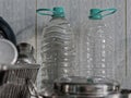 Drinking water in polycarbonate bottle in household kitchen