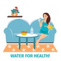 Drinking water. Pregnant happy woman with a glass. The concept of drinking clean water. Healthy lifestyle. Advertising