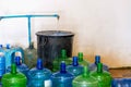 Drinking water production plant.packaging of beverage plastic bottles at plant for production of beverages, juices and drinking Royalty Free Stock Photo