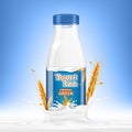 Drinking yogurt bottle with oats and splashes on blue background