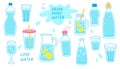 Bottle, glass, and decanter of water vector illustration icon set. Royalty Free Stock Photo
