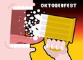Drinks beer from mug. Man and alcohol. Poster for Oktoberfest. N