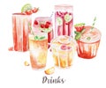 Drinks and cocktails illustration. Hand drawn watercolor on white background. Royalty Free Stock Photo